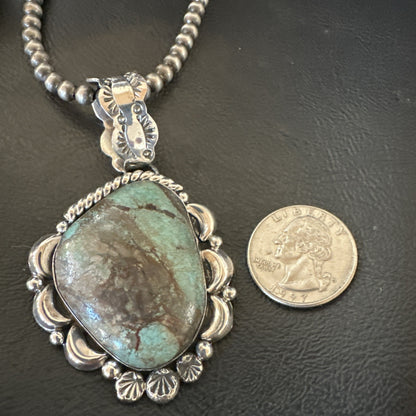 Navajo Sterling Silver Green Rustic Turquoise Necklace Pendant 2.75” 19013