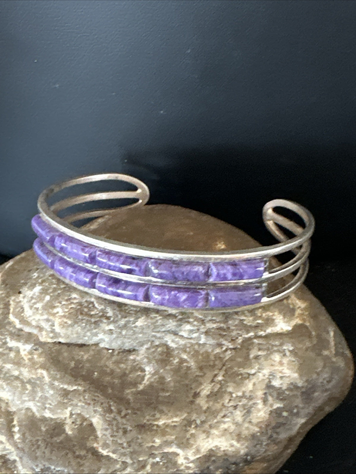 Purple Charoite Navajo Sterling Silver Inlay Cuff Bracelet 7.5" 18889