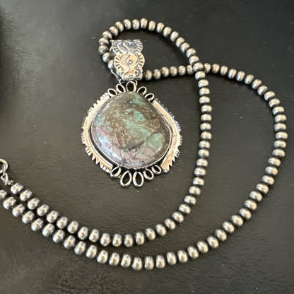 Yazzie Navajo Sterling Silver Blue Rustic Turquoise Necklace Pendant 2.75” 18998