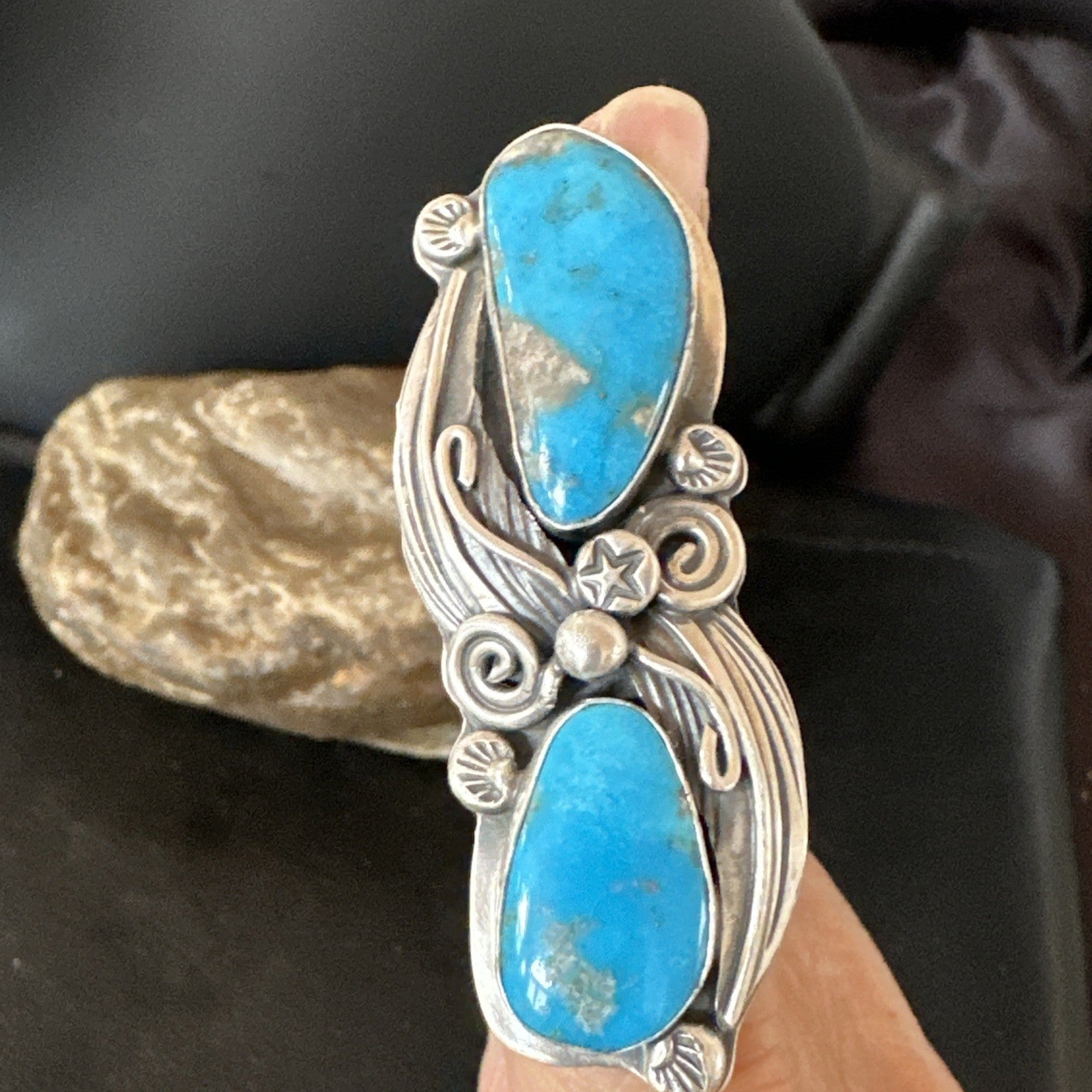 XL Navajo Cluster Blue Kingman Turquoise Sterling Silver Ring Sz 7 18989