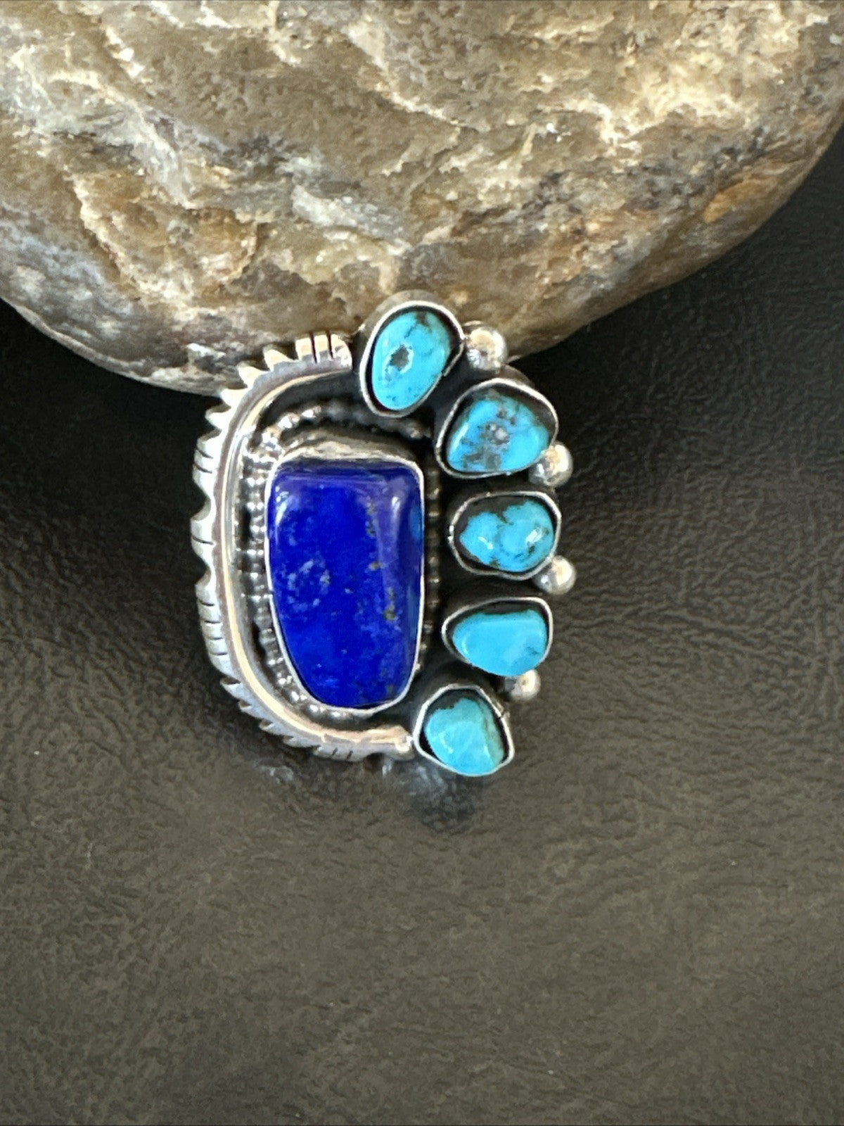 Navajo Cluster Lapis Kingman Turquoise Sterling Silver Ring Sz 8 18883