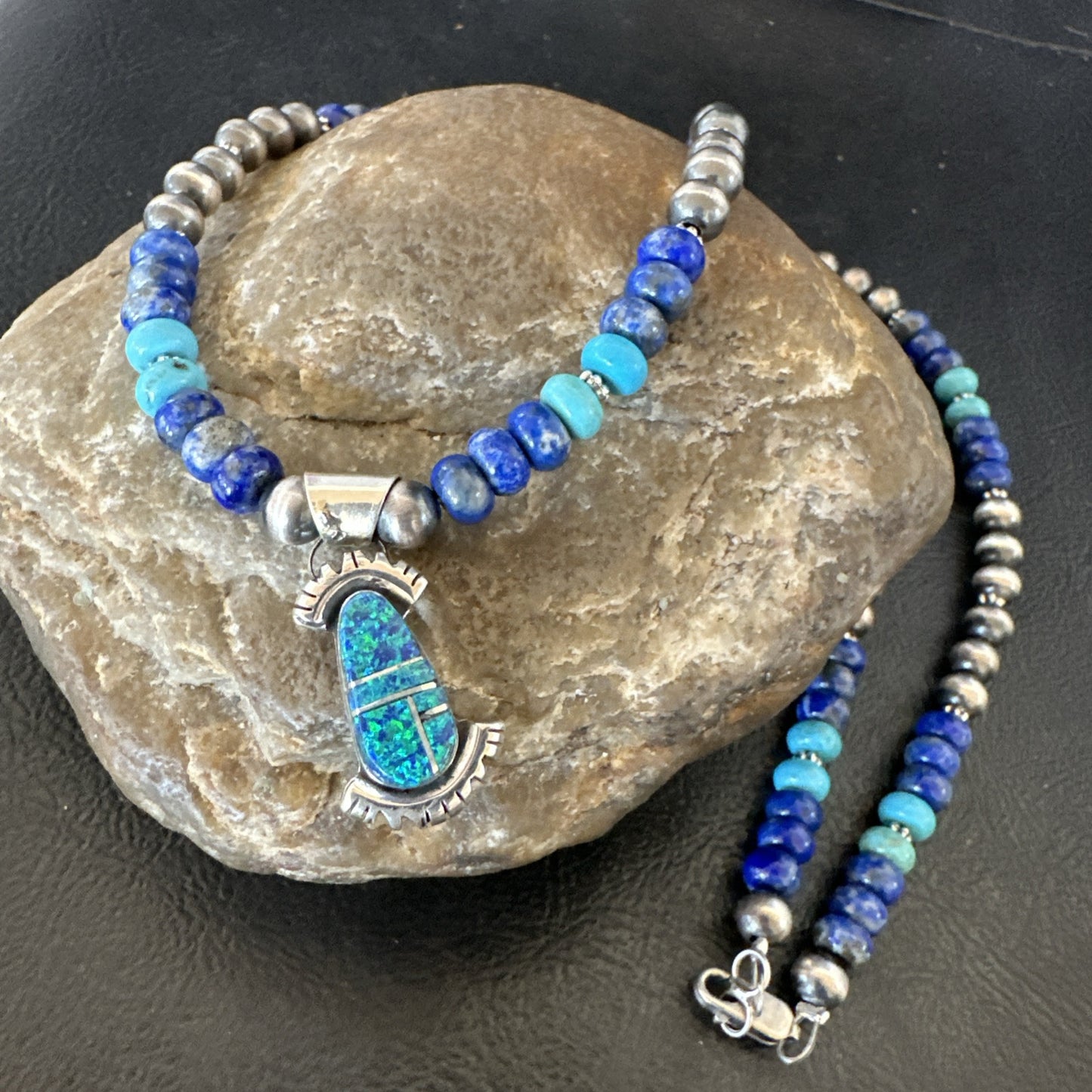 WoMens Opal Inlay Pendant Navajo Sterling Silver Blue Lapis Bead Necklace 18920
