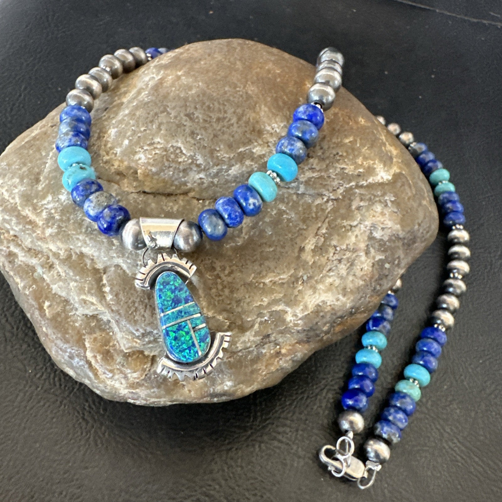 WoMens Opal Inlay Pendant Navajo Sterling Silver Blue Lapis Bead Necklace 18920