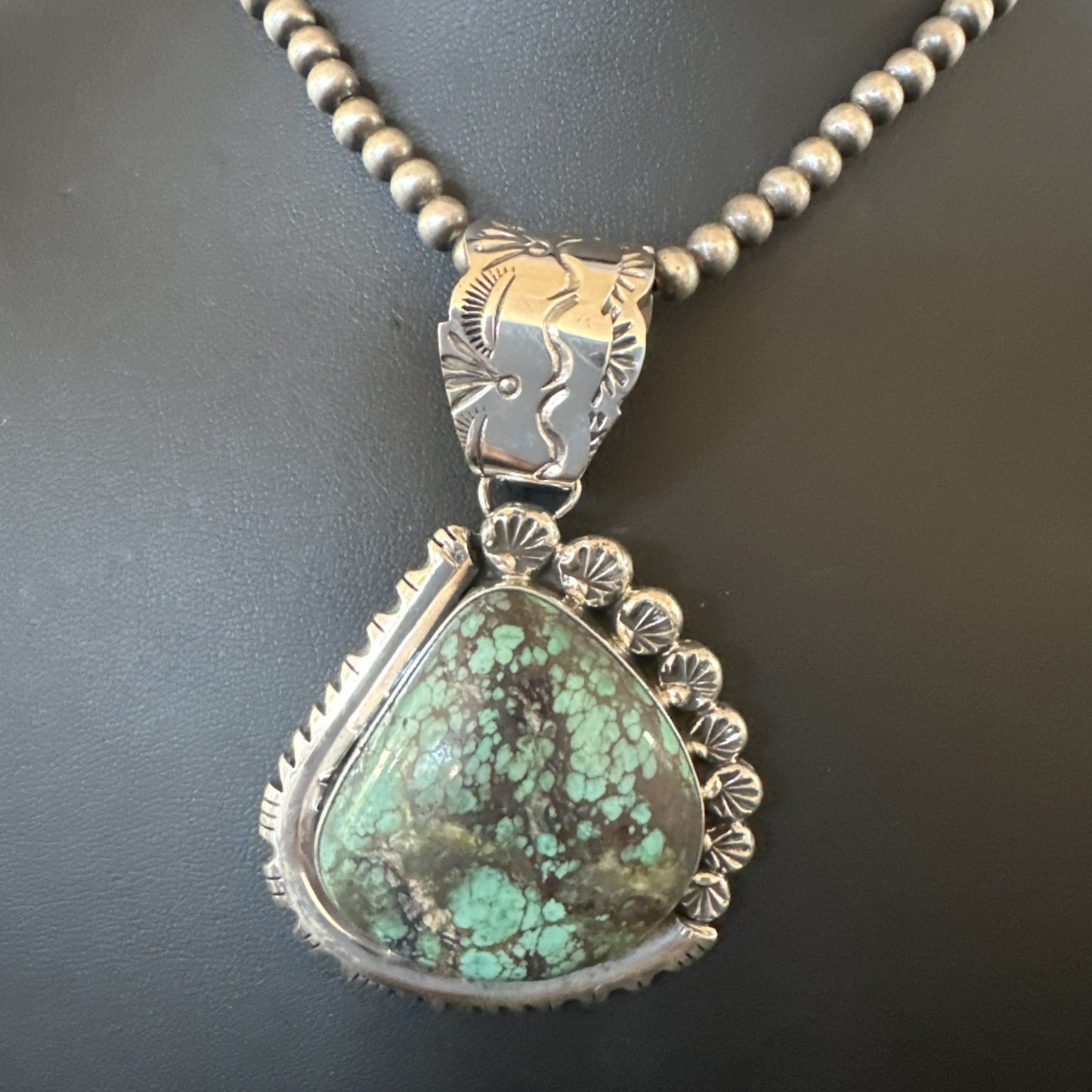 Navajo Sterling Silver Green Rustic Turquoise Necklace Pendant 2.75” 19011