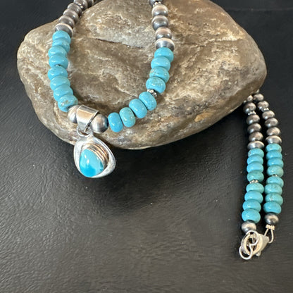 WoMens Blue Kingman Turquoise Pendant Navajo Sterling Silver Necklace 21" 18936