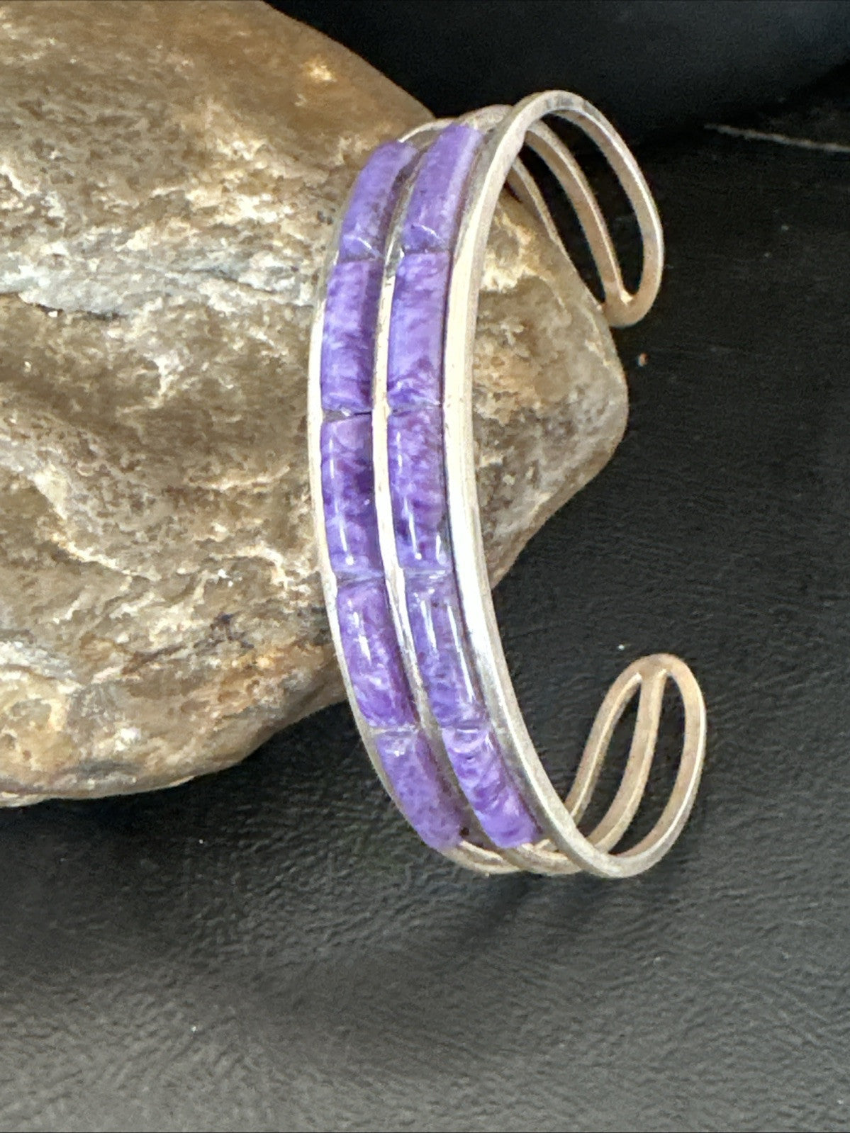 Purple Charoite Navajo Sterling Silver Inlay Cuff Bracelet 7.5" 18889