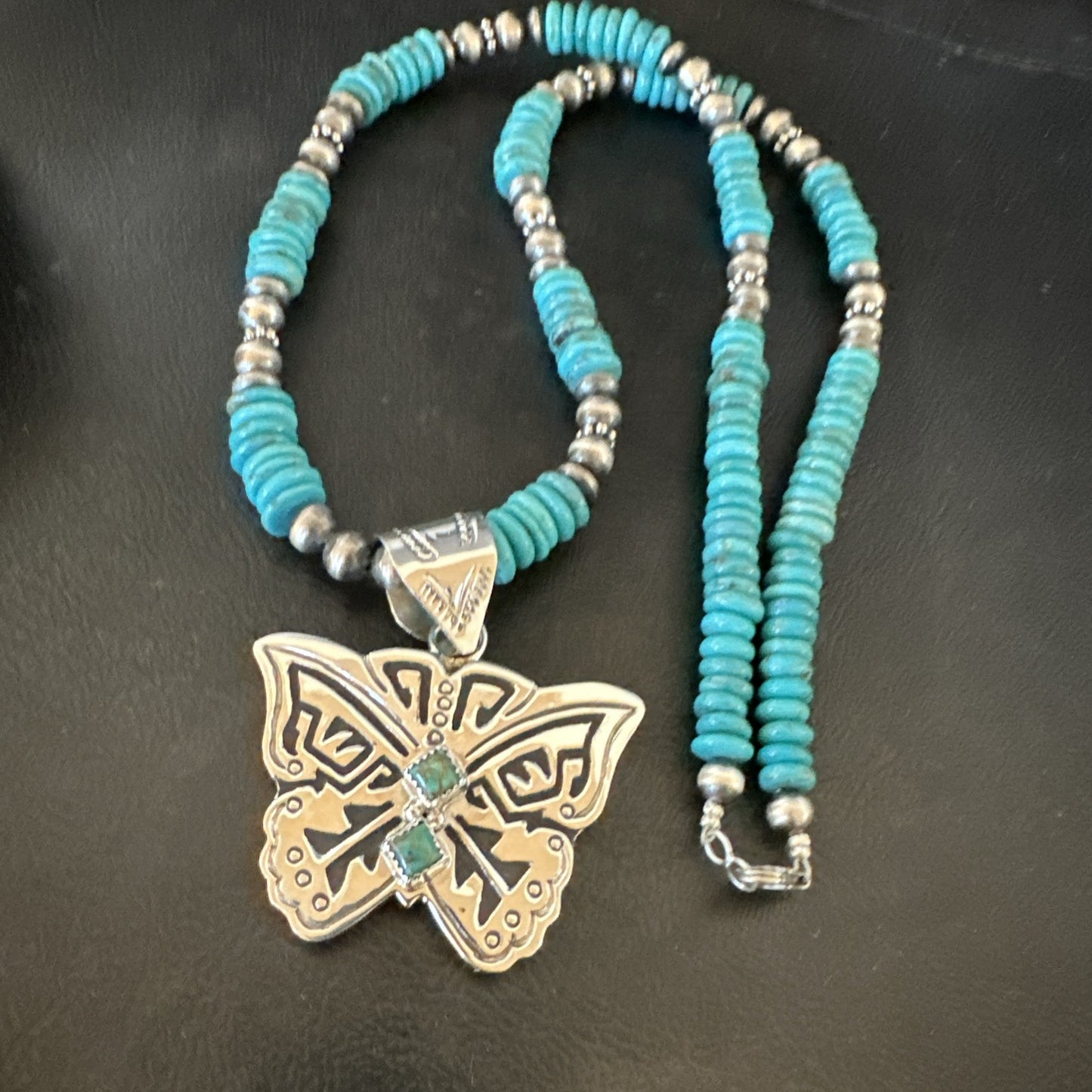 Butterfly Blue Turquoise Pendant Navajo Sterling Silver Necklace 26" 18905