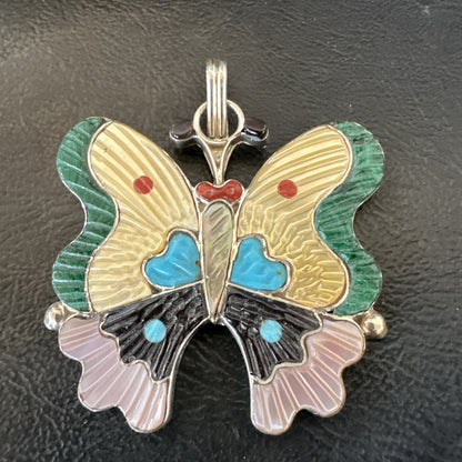 Zuni Turquoise Spiny MOP Onyx Butterfly Sterling Silver Beads Pendant 18903