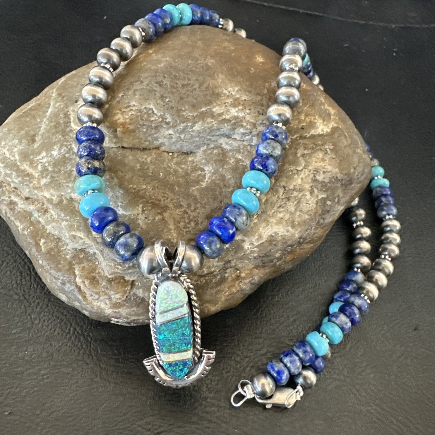 WoMens Opal Inlay Pendant Navajo Sterling Silver Blue Lapis Bead Necklace 18914