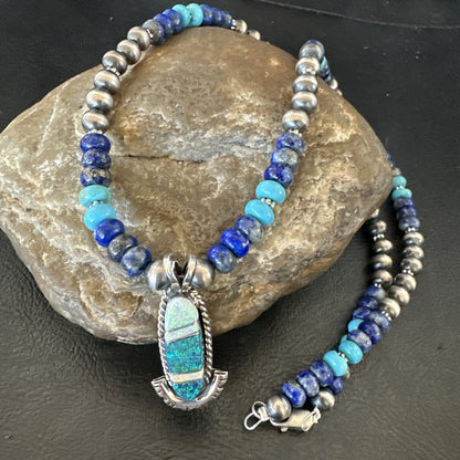 WoMens Opal Inlay Pendant Navajo Sterling Silver Blue Lapis Bead Necklace 18914