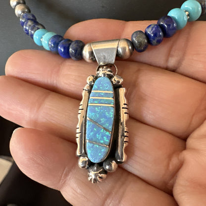 WoMens Opal Inlay Pendant Navajo Sterling Silver Blue Lapis Bead Necklace 18913