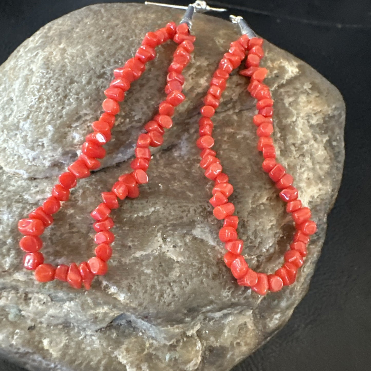 Real Red Orange Coral Nuggets Southwestern Sterling Silver Earrings 2.5” 18956