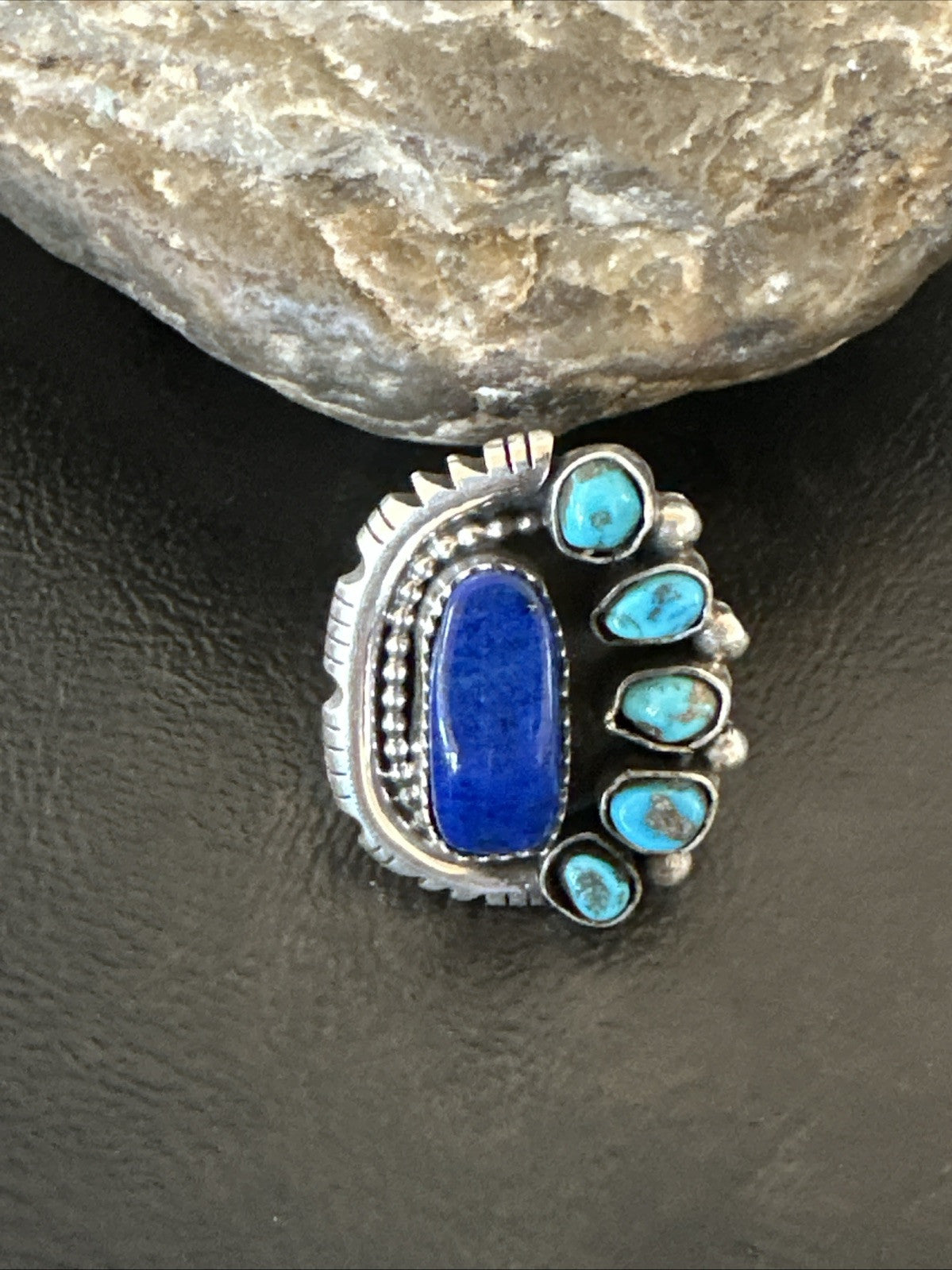 Navajo Cluster Lapis Kingman Turquoise Sterling Silver Ring Sz 9 18885