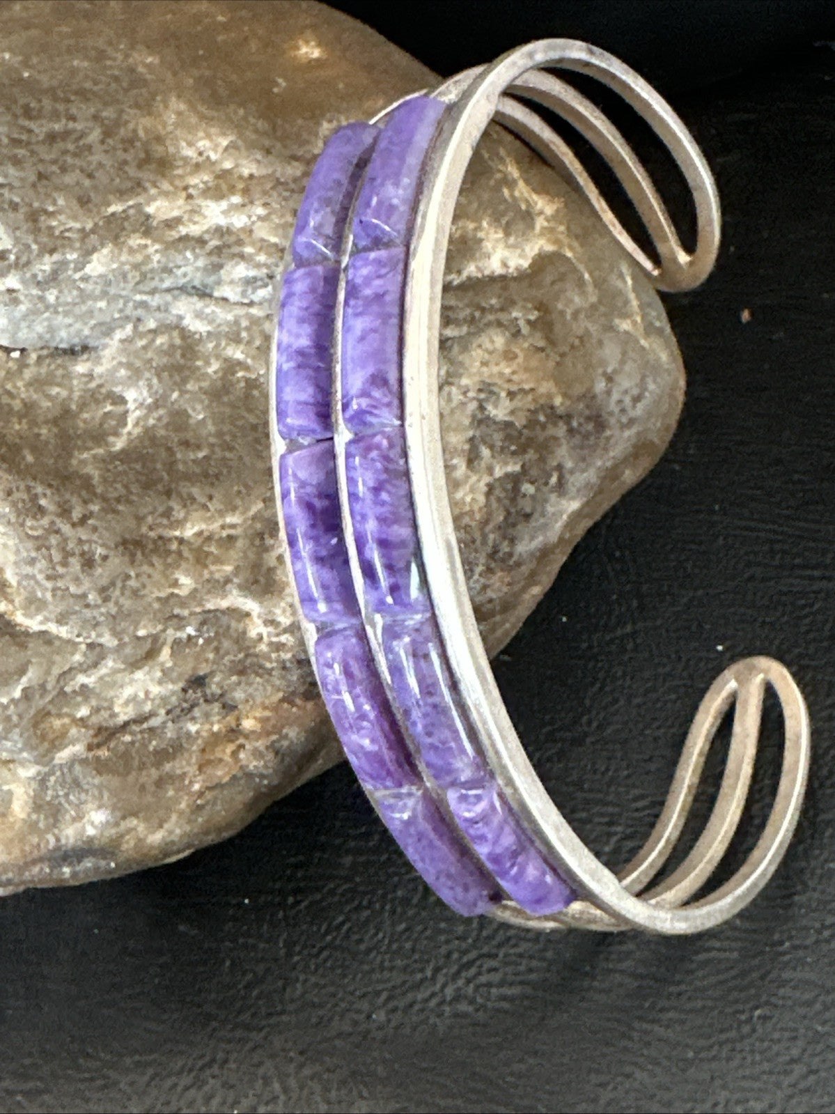 Purple Charoite Navajo Sterling Silver Inlay Cuff Bracelet 7.5" 18889