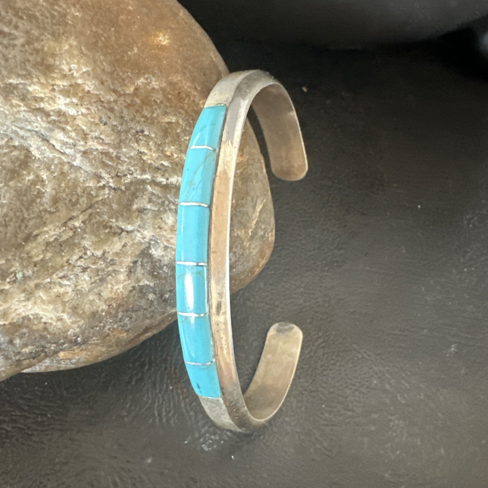 Old Pawn Blue Turquoise Navajo Sterling Silver Cuff Inlay Bracelet 18891