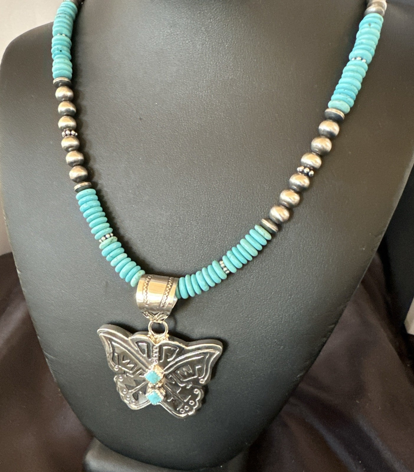 Butterfly Blue Turquoise Pendant Navajo Sterling Silver Necklace 24" 18904