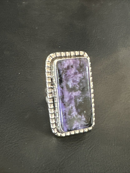 H Joe Purple Charoite Navajo Sterling Silver Rectangle Ring Size 7.5 18964