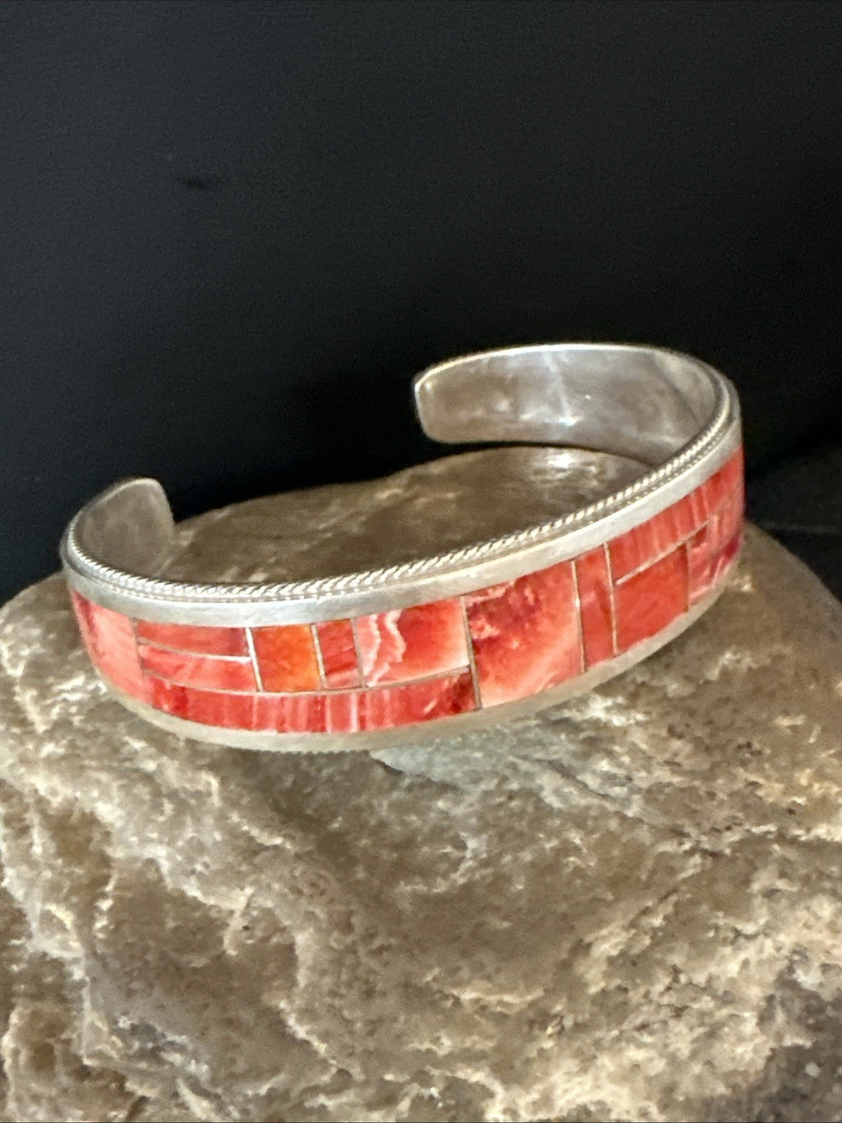 Orange Spiny Oyster Zuni Sterling Silver Cuff Inlay Bracelet 18993