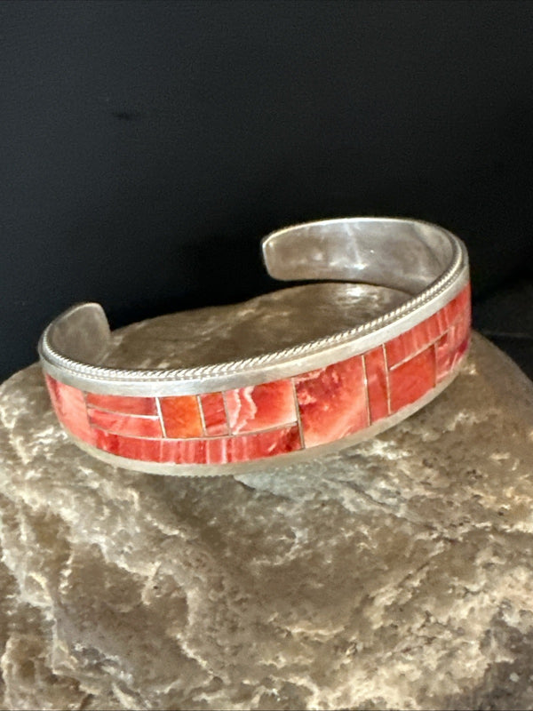 Orange Spiny Oyster Zuni Cuff Inlay Bracelet | Sterling Silver | Authentic Native American Handmade | 18993