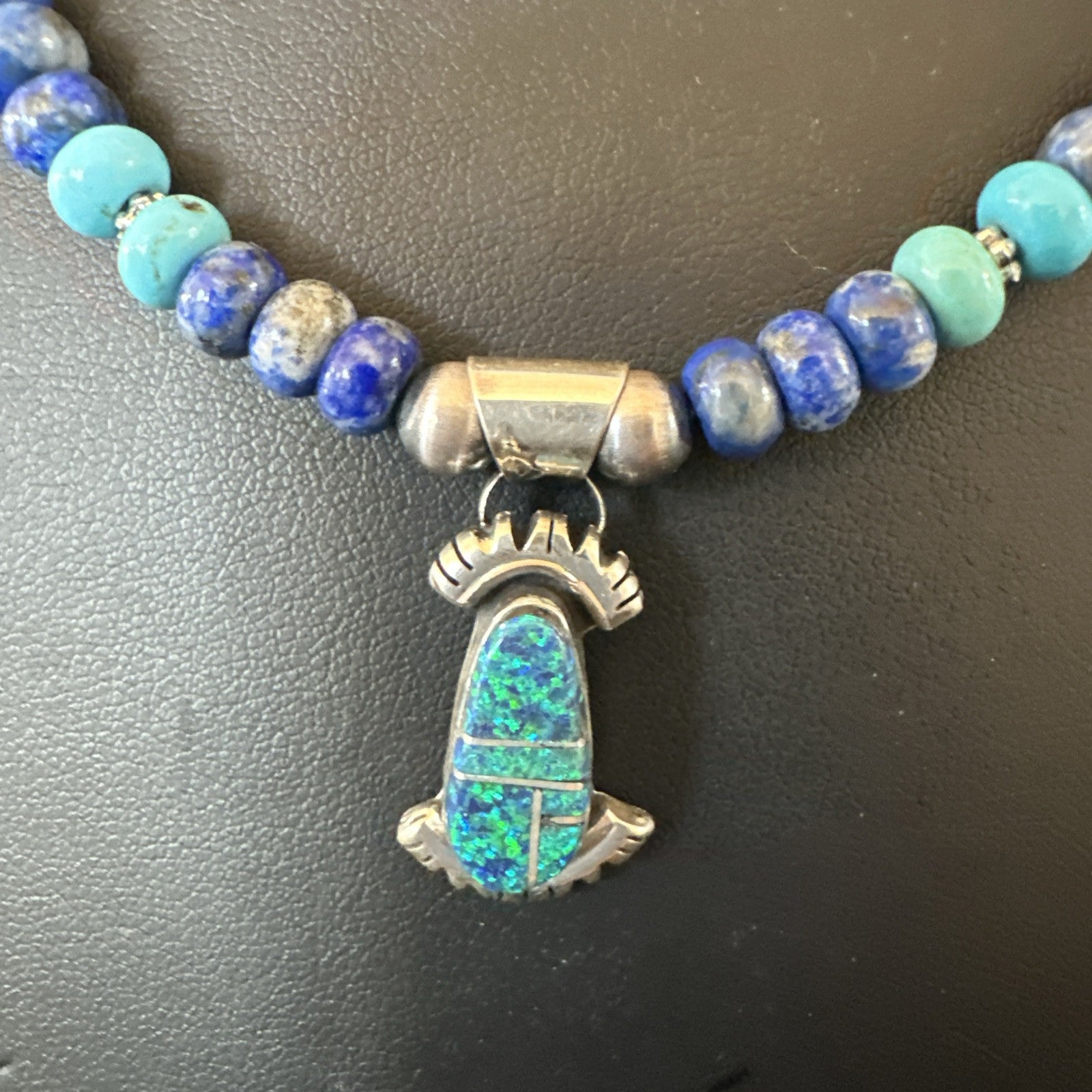 WoMens Opal Inlay Pendant Navajo Sterling Silver Blue Lapis Bead Necklace 18920