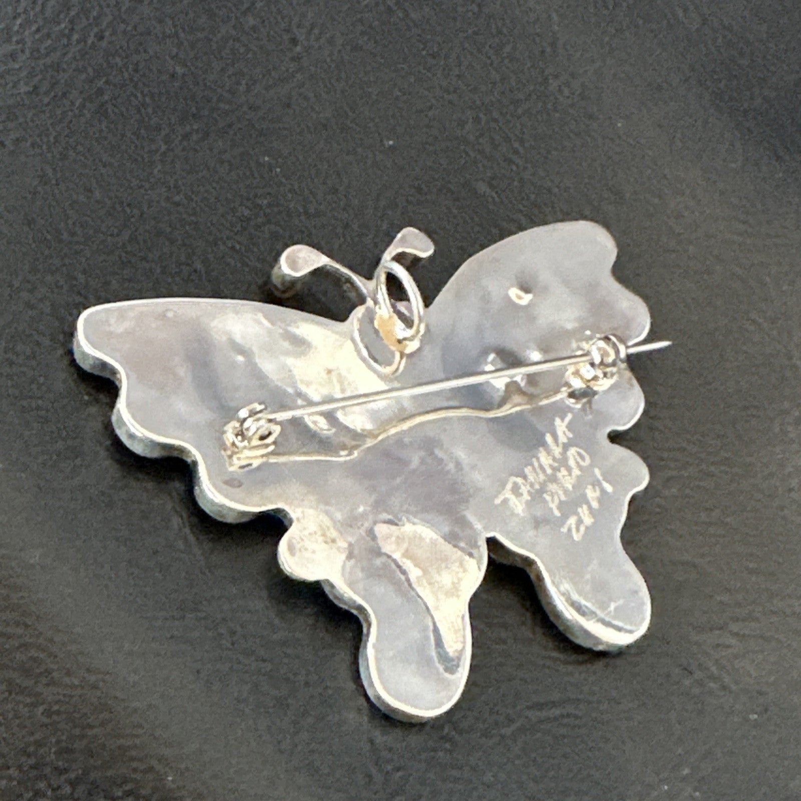 Multicolor Turquoise MOP Onyx Butterfly Sterling Silver Zuni Pin Pendant 18901