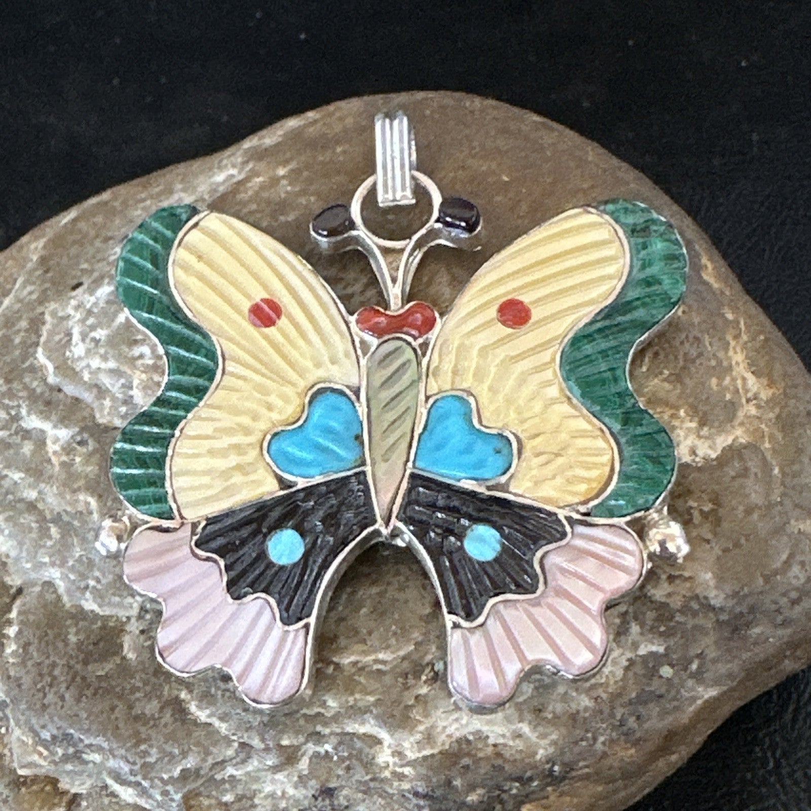 Zuni Turquoise Spiny MOP Onyx Butterfly Sterling Silver Beads Pendant 18903