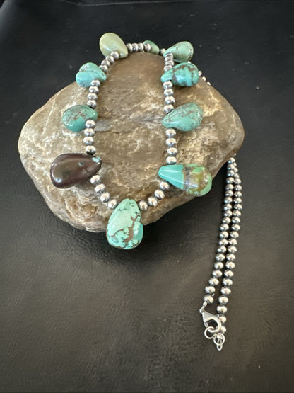 Green Turquoise Teardrop Sterling Silver Beads Necklace 20" 18985