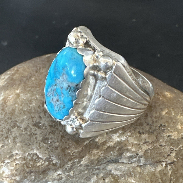 Navajo Blue Kingman Turquoise Ring Size 10.75 | Sterling Silver | Authentic Native American Handmade | 19006