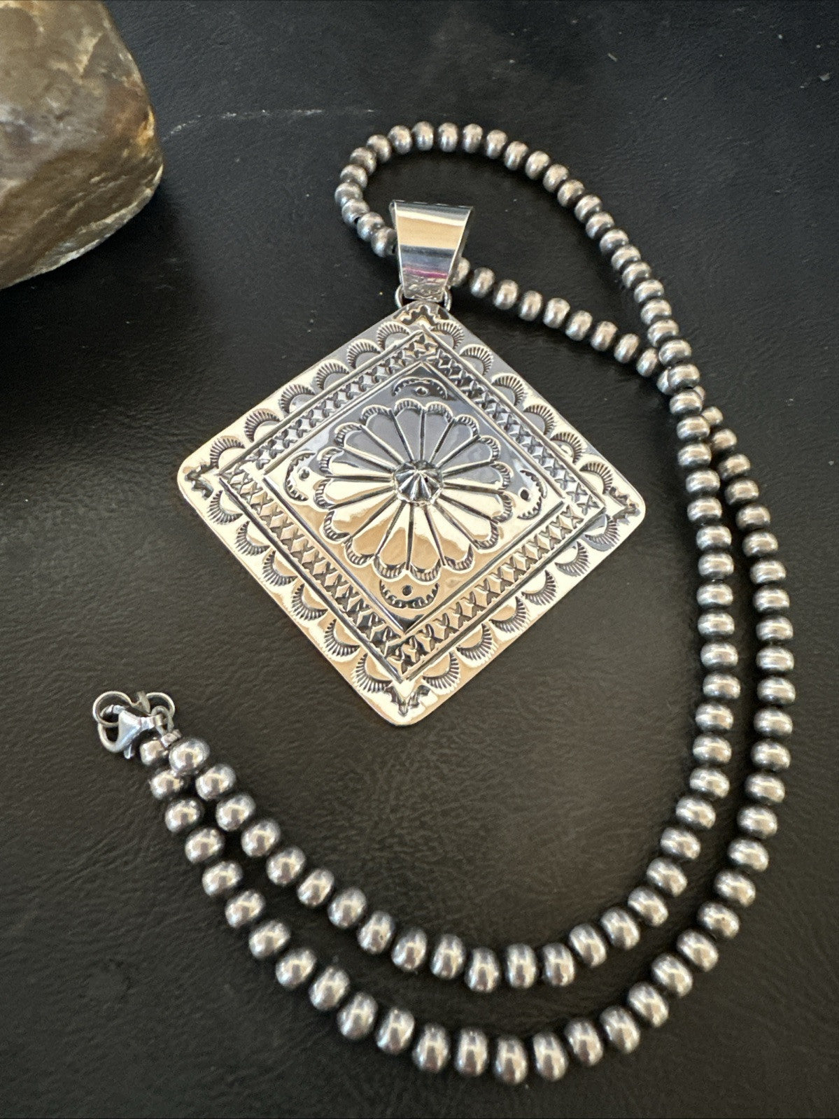 H Joe Handmade Stamped Pendant Navajo Sterling Silver Necklace 3.5" 18982