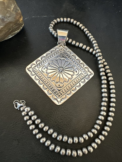 H Joe Handmade Stamped Pendant Navajo Sterling Silver Necklace 3.5" 18982