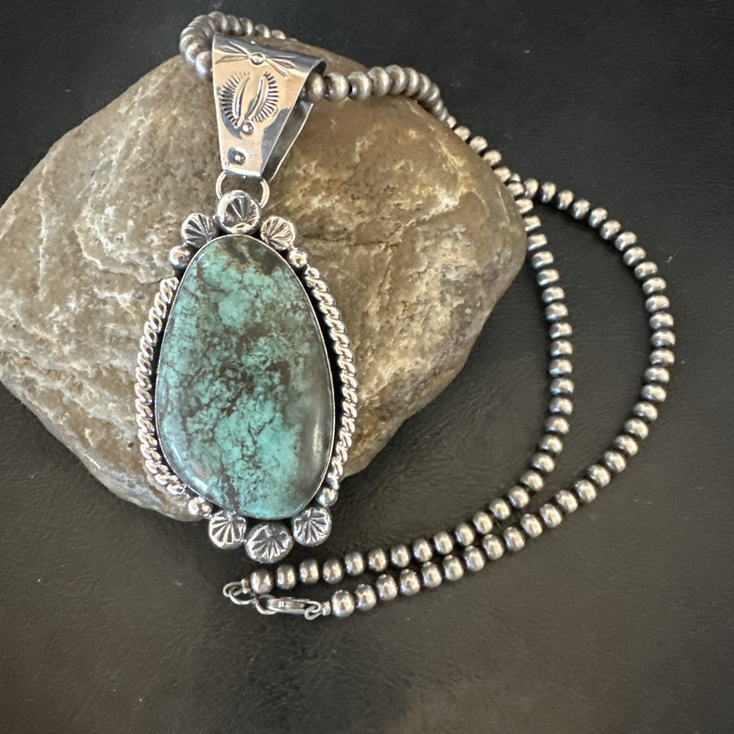 Navajo Sterling Silver Green Rustic Turquoise Necklace Pendant 2.75” 19010