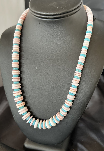 Pink Queen Conch Turquoise Graduated Navajo Sterling Silver Necklace 18944