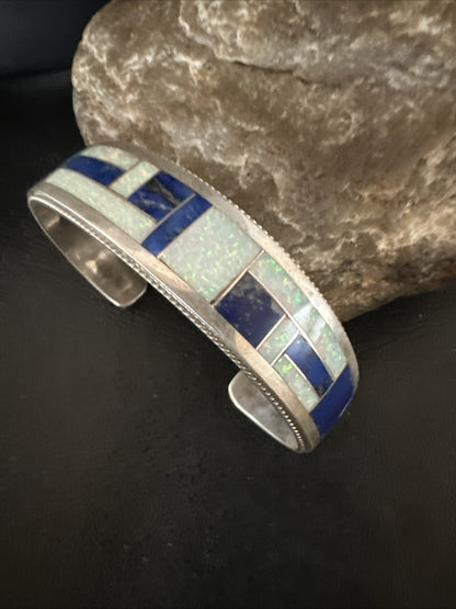 White Gilson Fire Opal Lapis Zuni Sterling Silver Inlay Bracelet 7.5" 18992