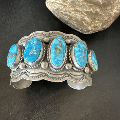 Mens Blue Kingman Turquoise Sterling SIlver Cluster Cuff Bracelet 8.2" 18875