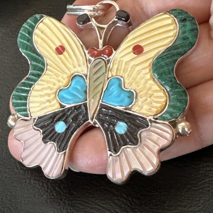 Zuni Turquoise Spiny MOP Onyx Butterfly Sterling Silver Beads Pendant 18903