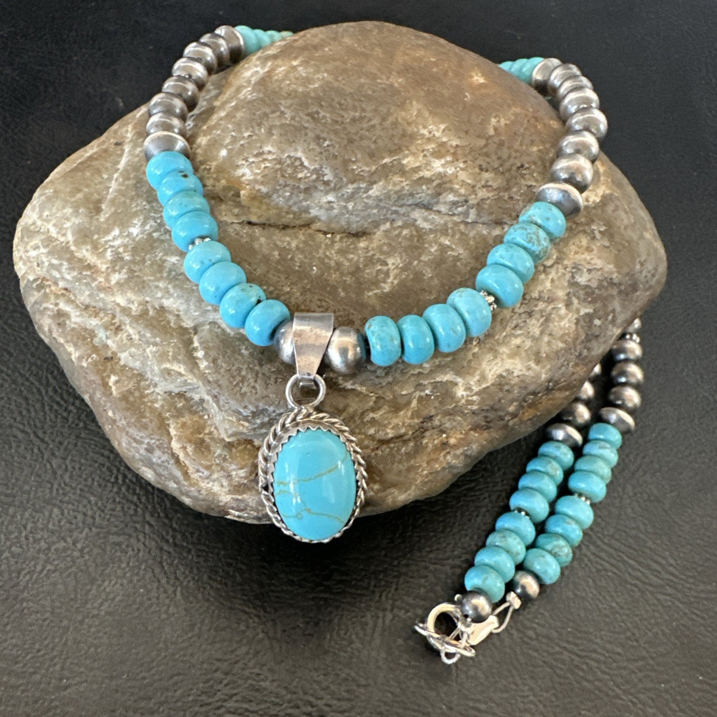 WoMens Blue Kingman Turquoise Pendant Navajo Sterling Silver Necklace 21" 18937