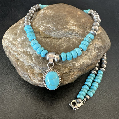 WoMens Blue Kingman Turquoise Pendant Navajo Sterling Silver Necklace 21" 18937