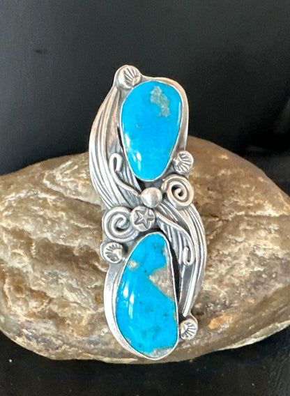 XL Navajo Cluster Blue Kingman Turquoise Sterling Silver Ring Sz 7 18989