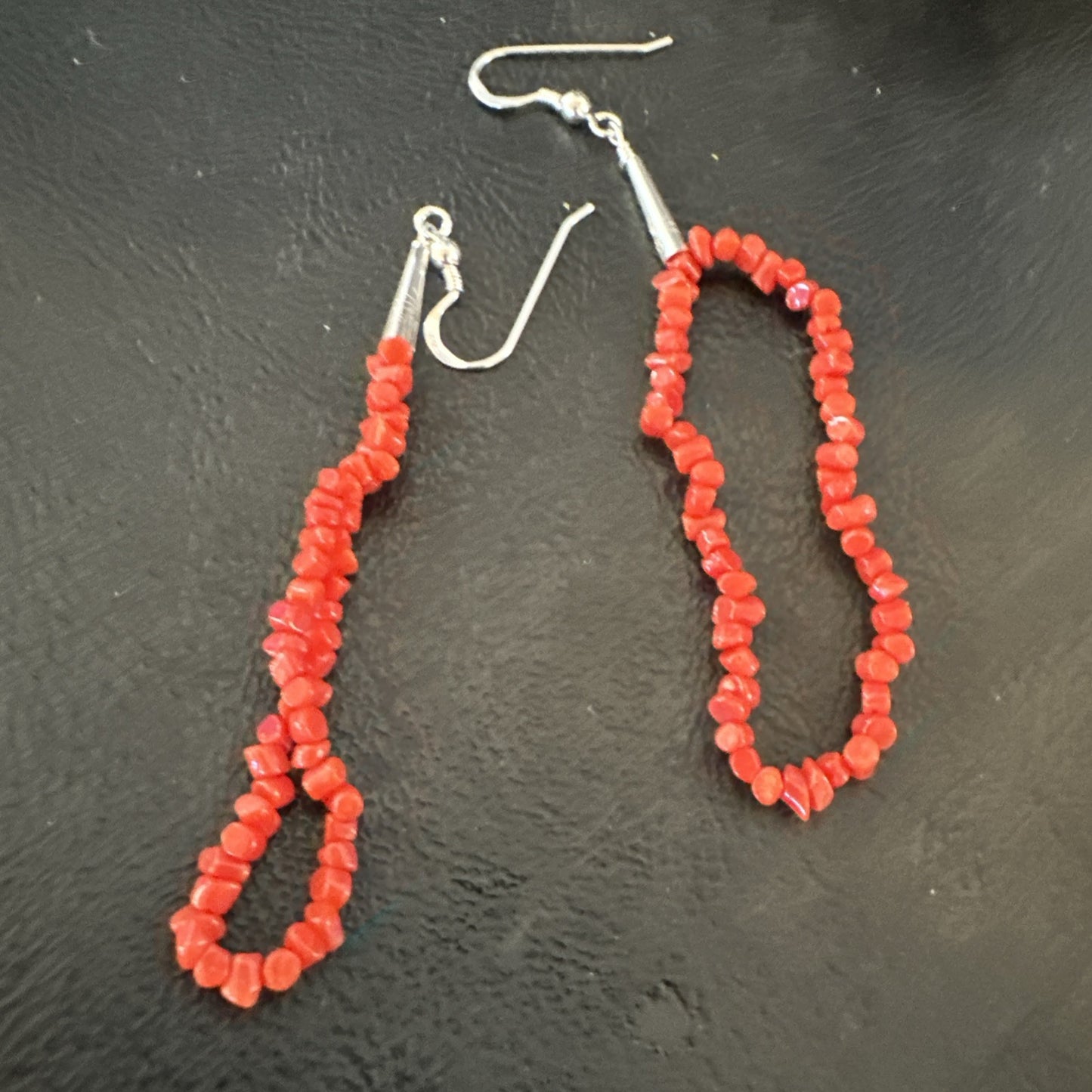 Real Red Orange Coral Nuggets Southwestern Sterling Silver Earrings 2.5” 18956
