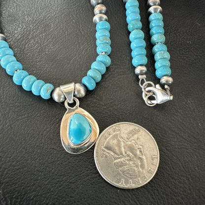 WoMens Blue Kingman Turquoise Pendant Navajo Sterling Silver Necklace 21" 18936