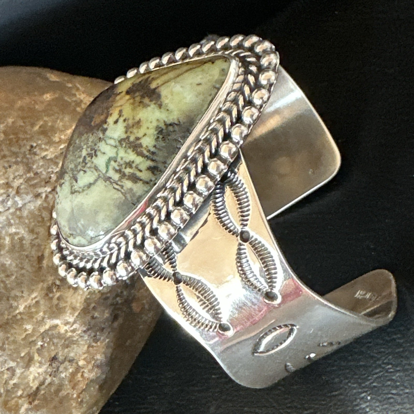 Navajo Green TURQUOISE Stamped Sterling Silver Cuff Bracelet 18876