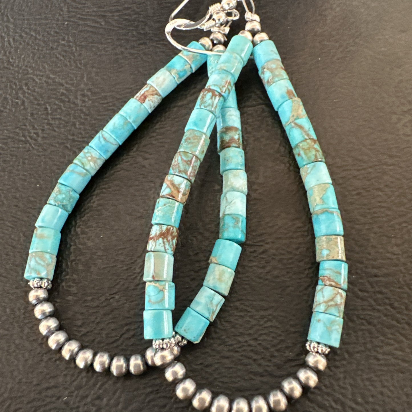 Blue Turquoise Heishi Navajo Sterling Silver Beads Earrings 2.5” 18953