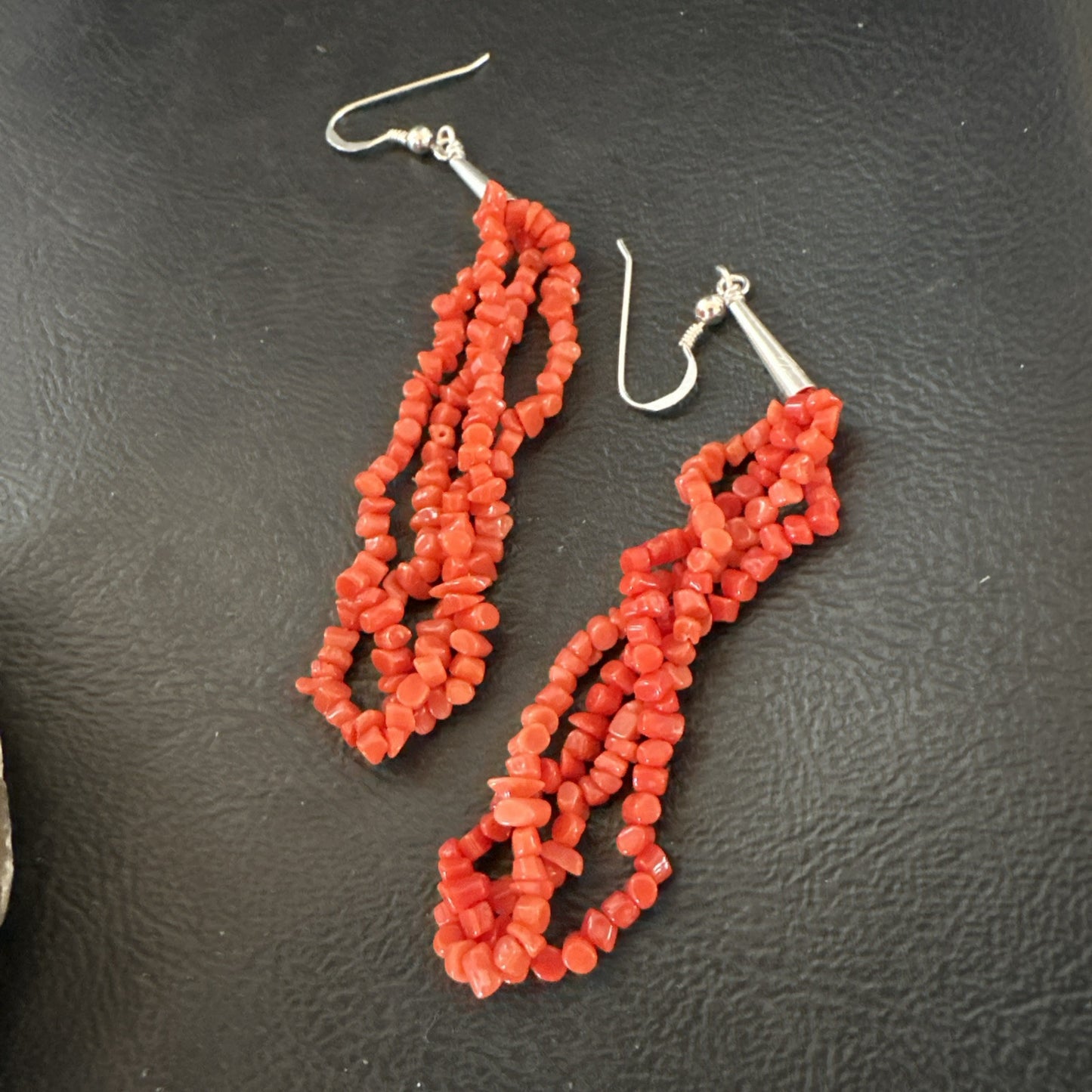Real Red Orange Coral Nuggets Southwestern Sterling Silver Earrings 3” 18947