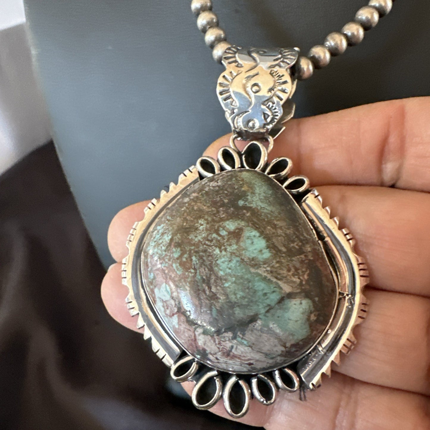 Yazzie Navajo Sterling Silver Blue Rustic Turquoise Necklace Pendant 2.75” 18998