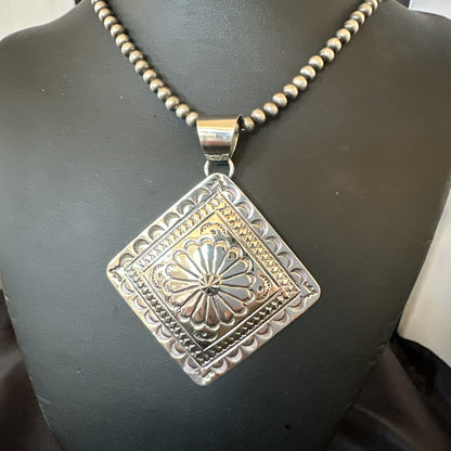 H Joe Handmade Stamped Pendant Navajo Sterling Silver Necklace 3.5" 18982