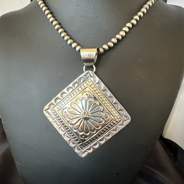H Joe Handmade Stamped Pendant Navajo Necklace 3.5" | Sterling Silver | Authentic Native American Handmade | 18982