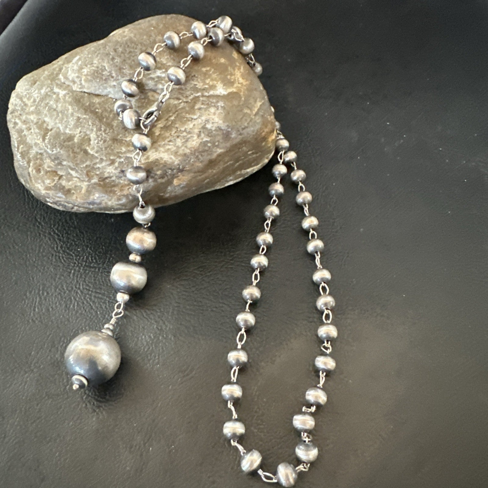 Y Rosary Bead Lariat Navajo Sterling Silver Beads Necklace 6mm 22" 18932