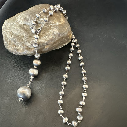 Y Rosary Bead Lariat Navajo Sterling Silver Beads Necklace 6mm 22" 18932