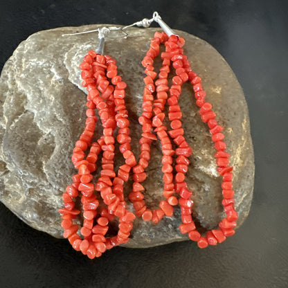 Real Red Orange Coral Nuggets Southwestern Sterling Silver Earrings 3” 18947