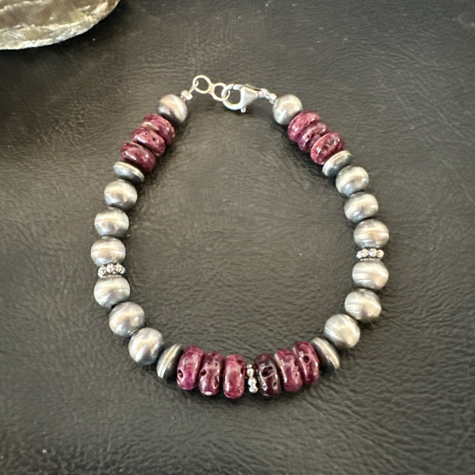 Purple Spiny Oyster 8mm Bead Bracelet Navajo Sterling Silver 6.5" 18946